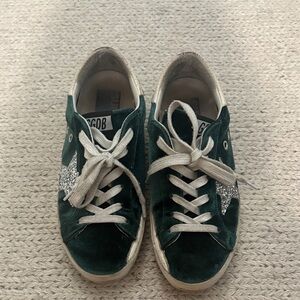 Golden Goose Green Velvet Sneakers with Silver Star